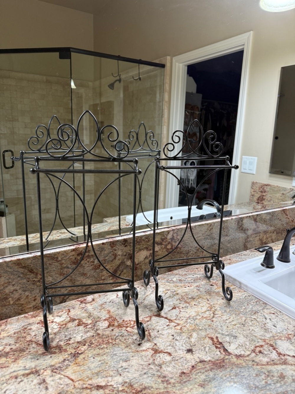 Ornate Black Metal Bathroom Towel & Accessory Stand - Decorative Scroll Design